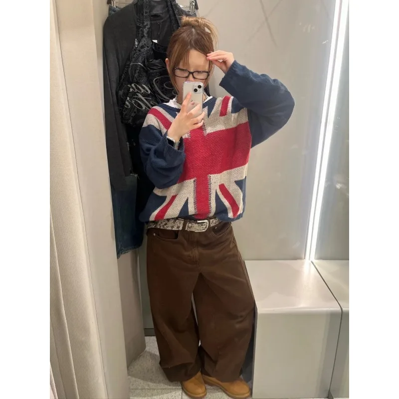 2026 new women's autumn and winter national flag, personalized jacquard print, British casual knitted sweater