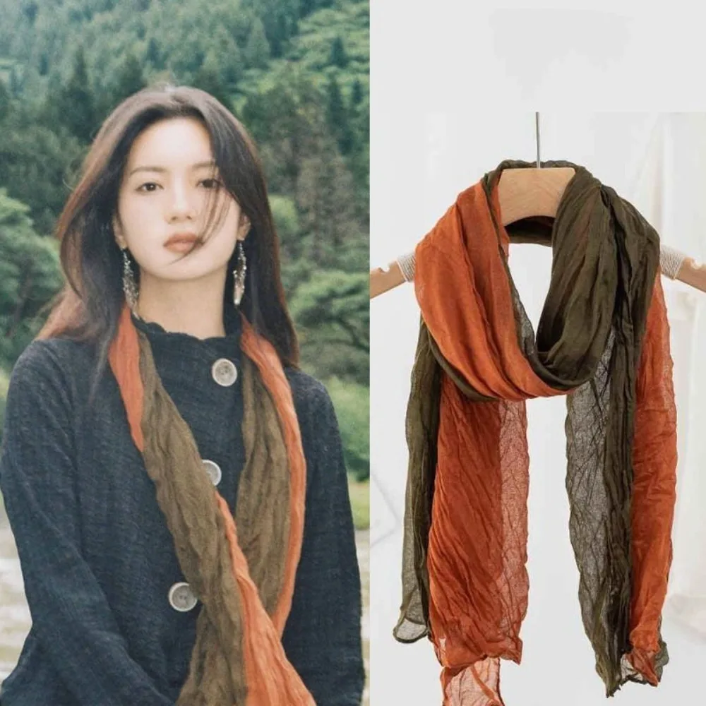 Quente vintage gradiente cachecol versátil estilo wasteland longo xale plissado leve respirável envoltório hijab para outono inverno