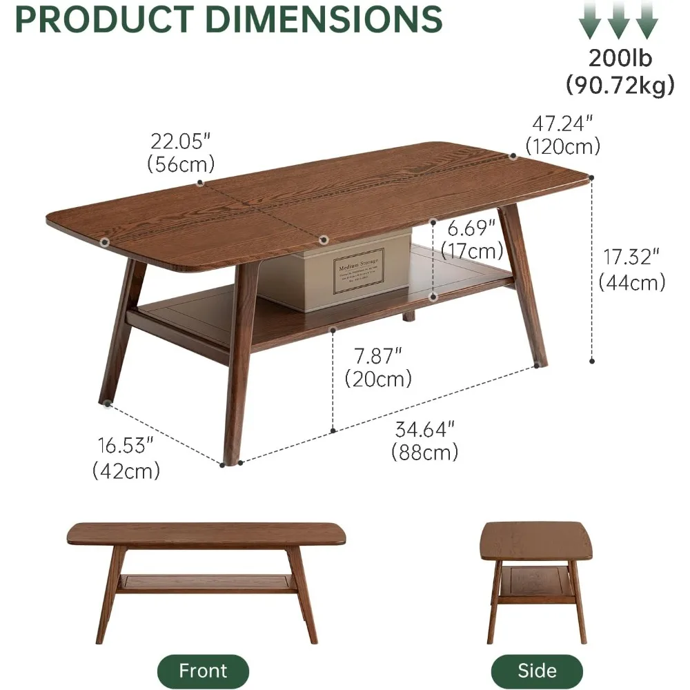 

100% Solid Oak Wood Coffee Tables for Living Room, Coffees Table with Shelf Storage, Mid Century Modern Coffee Table