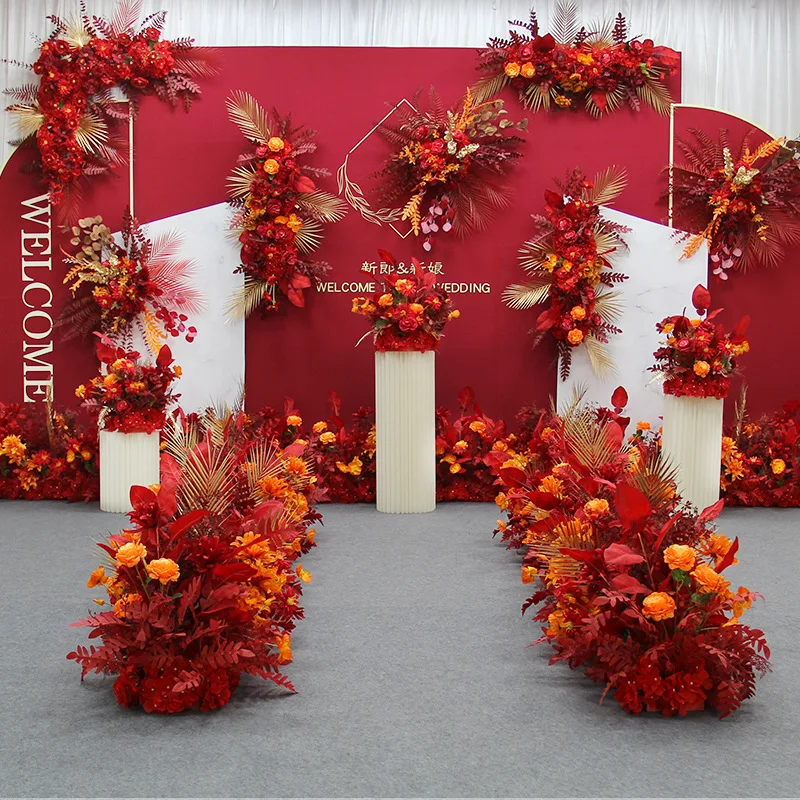 Floral Arrangement for Wedding, Artificial Flower Row, Table Road Lead, T Stage Backdrop, Custom Corner Ball, Red Series