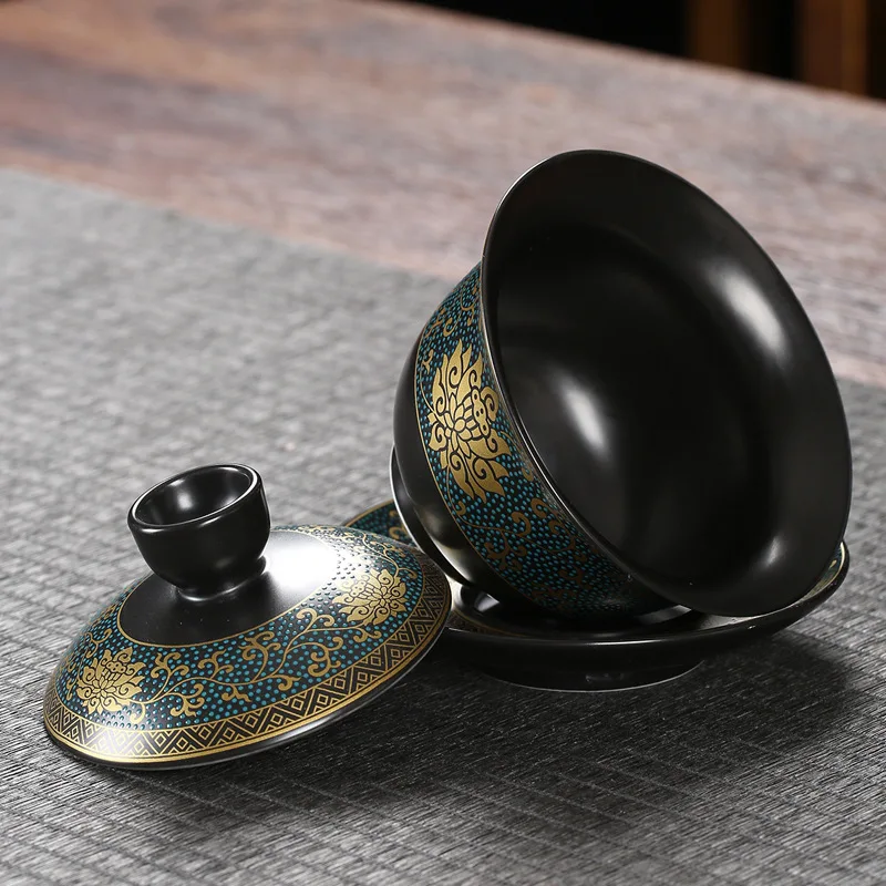 Chinese Teaset Classical Gaiwan Tea Cups Black Clay Tureen 180ml Lid Bowl Saucer Traditional Handmade Tea Brew Tea Cup