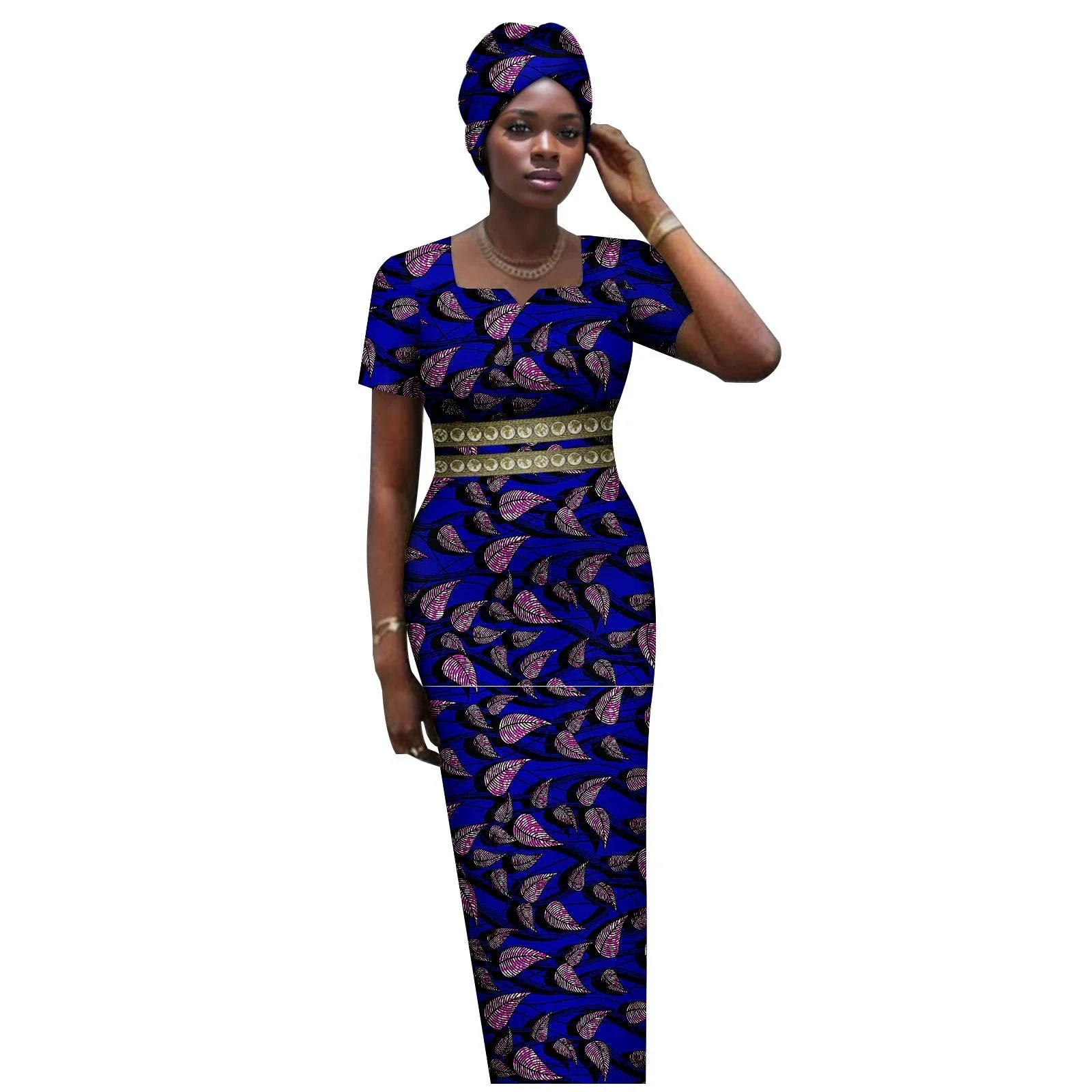 

Sale New African Dresses for Woman Luxury Square Collar Short Sleeve Gown with Headscarf Traditional Ankara Print for Party