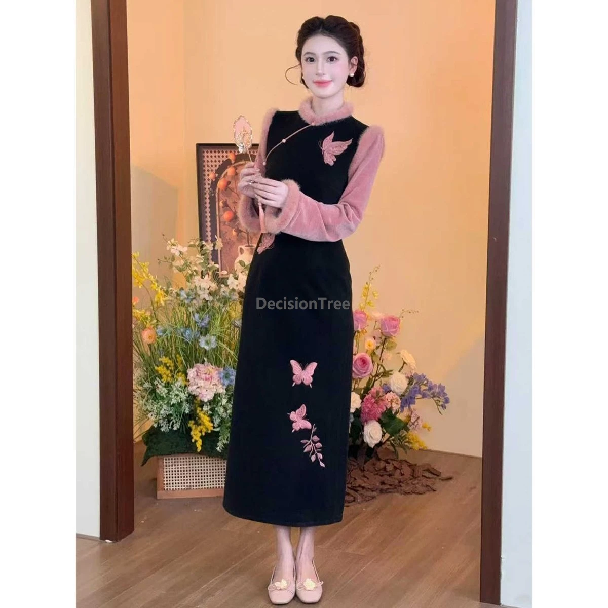 2025-sweet-butterfly-embroideried-retro-chinese-qipao-dress-winter-warm-long-sleeved-cotton-qipao-fashionable-elegant-cheongsam