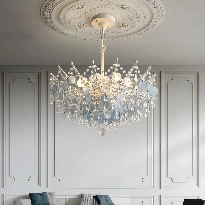 French K9 Crystal Chandelier Luxury Vintage Blue/white Natural Shell Pendant Light For Romantic Villa Living Dining Room Bedroom