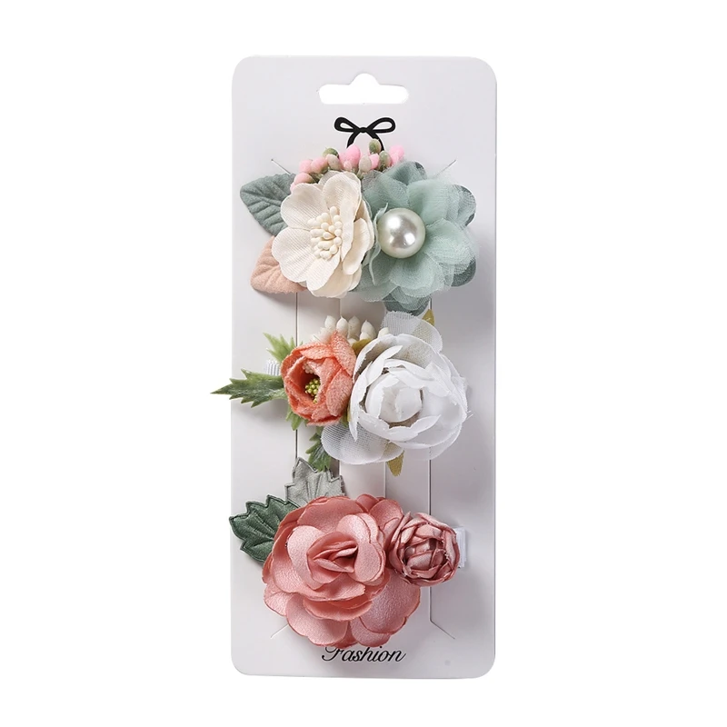 F19F 3Pcs Kids Baby Girls Floral Hair Clips Set Artificial Flower Fully Lined Clip Hairpins Toddler Teens Boutique Bow