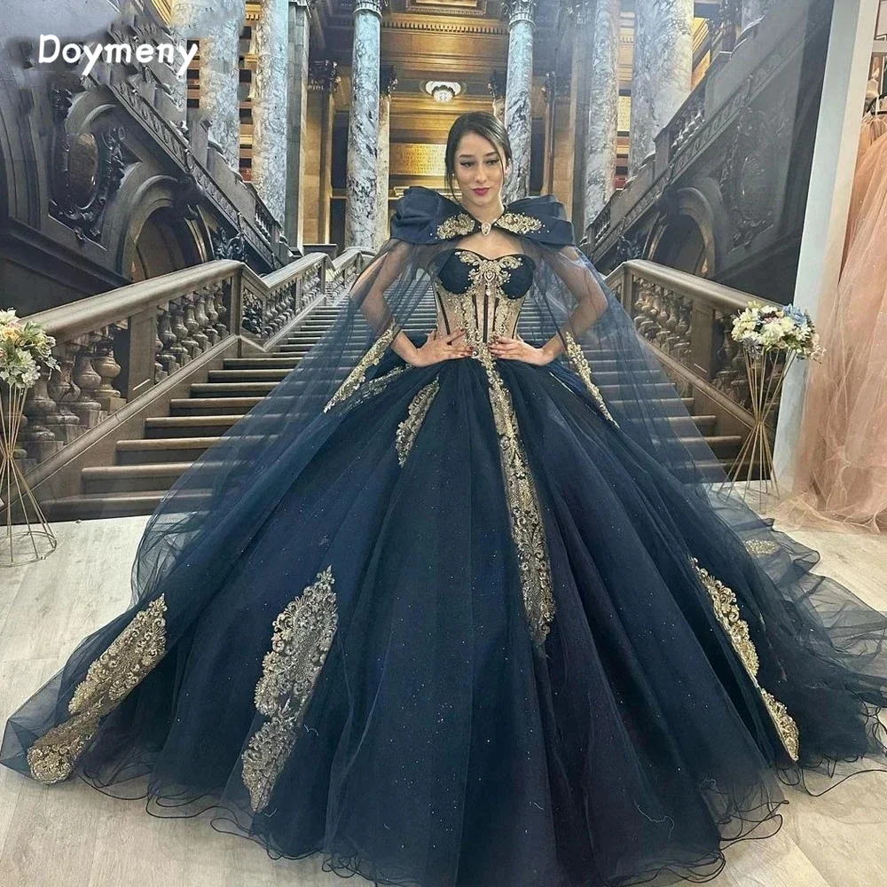 Doymeny Cape Quinceanera Dress Sweetheart Appliques Sweep Tulle Ball Gown Prom Dresses Sweet 15 16 Dress robe vestidos de fiesta