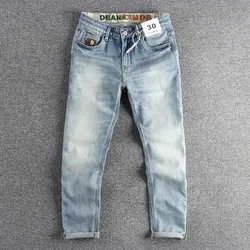New wash light blue ground white jeans men's spring American fashion brand small straight leg retro casual youth pants