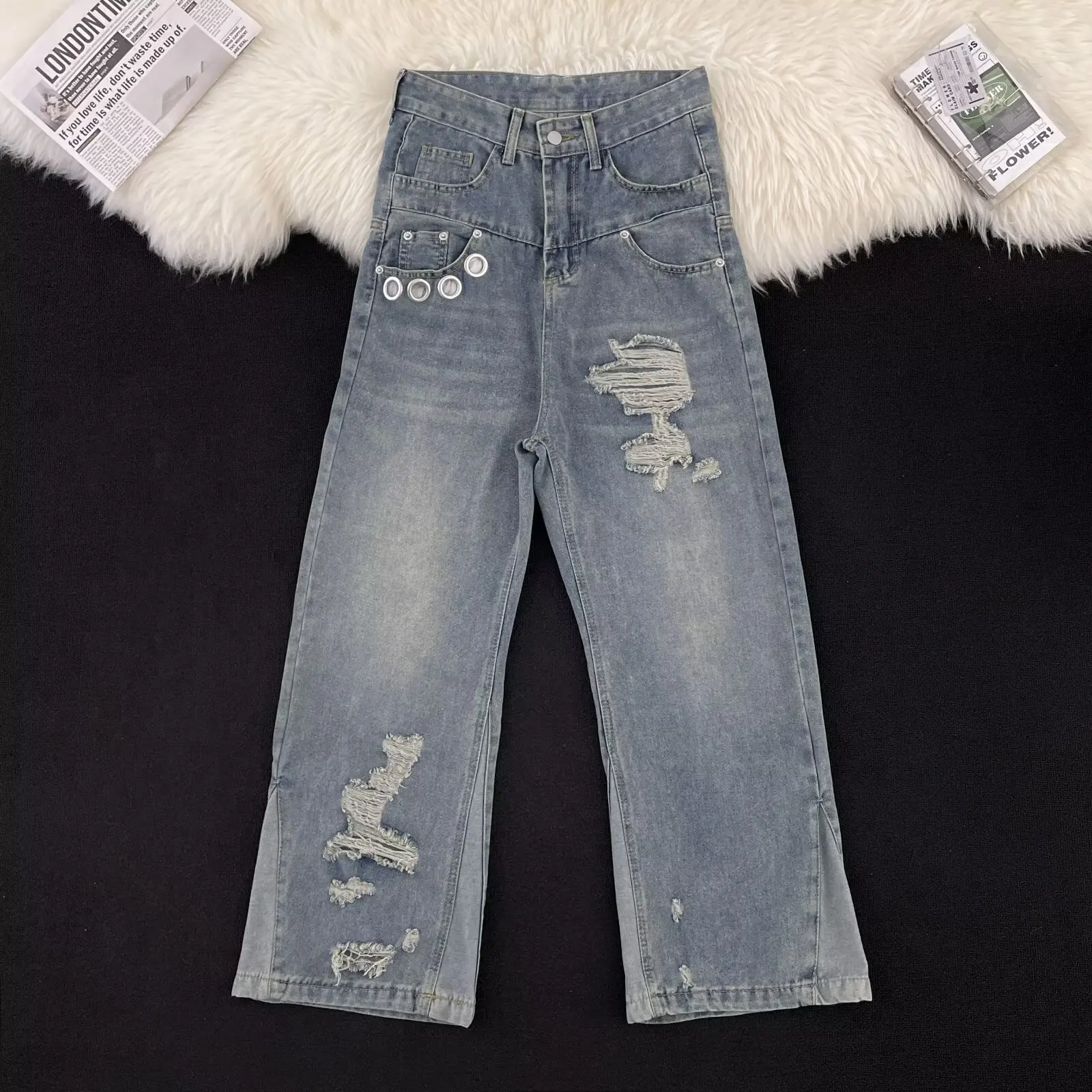 

Retro American Dual Waist Head Jeans Men's Loose Straight Leg Casual Summer High Waist Long Pants Unisex Vintage Style