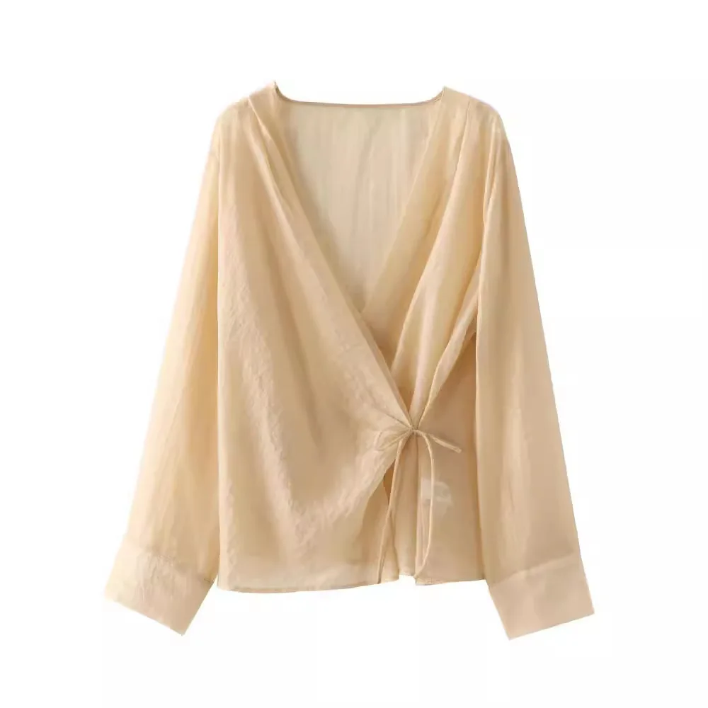 PRINTKAOIR 2024 Summer Ultra Thin Semi Sheer Women Casual Blouse Long Sleeve Wrap Lace Up V Neck Shirt Female Top Y2K Streetwear