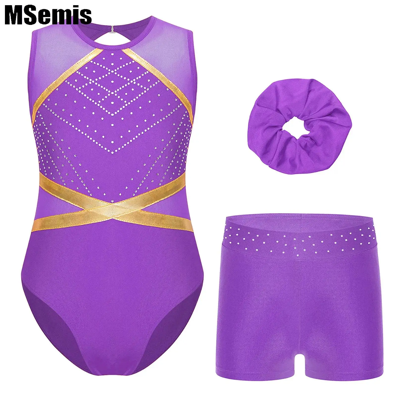 

Kids Girls Patchwork Ballet Sets Keyhole Back Sleeveless Leotard with Rhinestones Waistband Shorts And Hair Tie Headwear