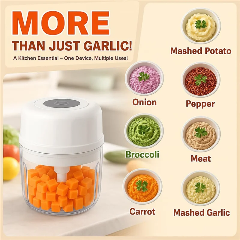 ABBK-야채 다지기 전기 미니 마늘 다지기, 휴대용 푸드 프로세서, 양파 분쇄기, USB 충전 기능이 있는 고기 분쇄기