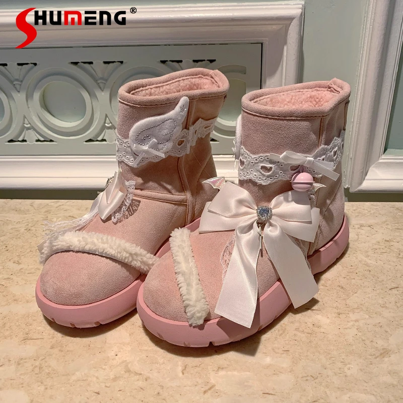 

Japanese Lolita Original Pink Bow Sweet College Style Short Boots For Women's Thickened Warm Cute Girl Snow Boots Kawaii Shoes