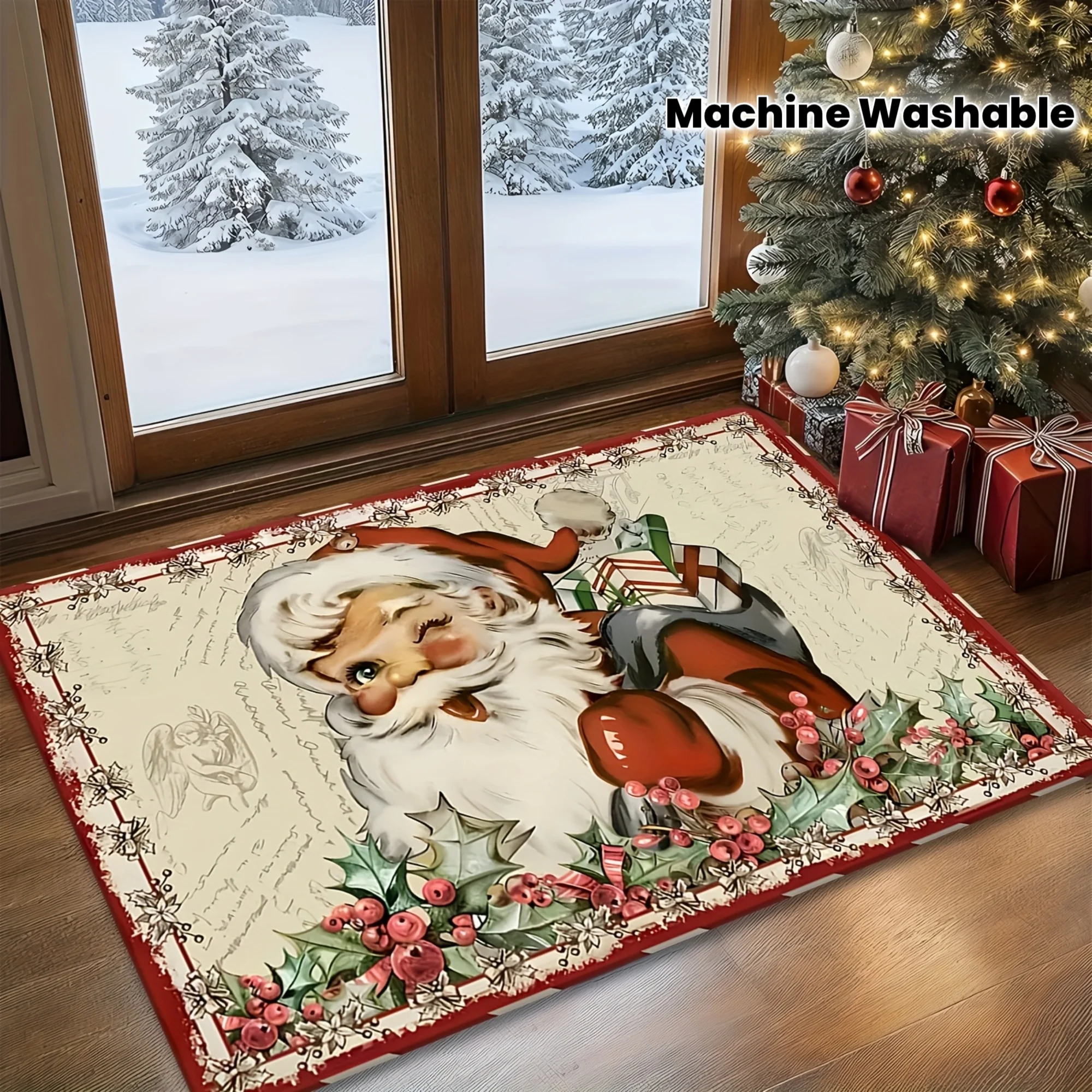 Vintage Retro Santa Postcard Print Front Entry doormat Holly Berry Border Old Fashioned Saint Holiday Indoor Floor Decor Rug