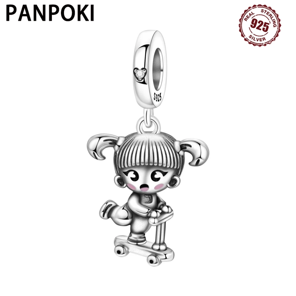 PANPOKI 925 Sterling Silver Cartoon Character Girl Pendant Beads Original Pendants Bracelet Charm Jewelry Party DIY Trendy Gift