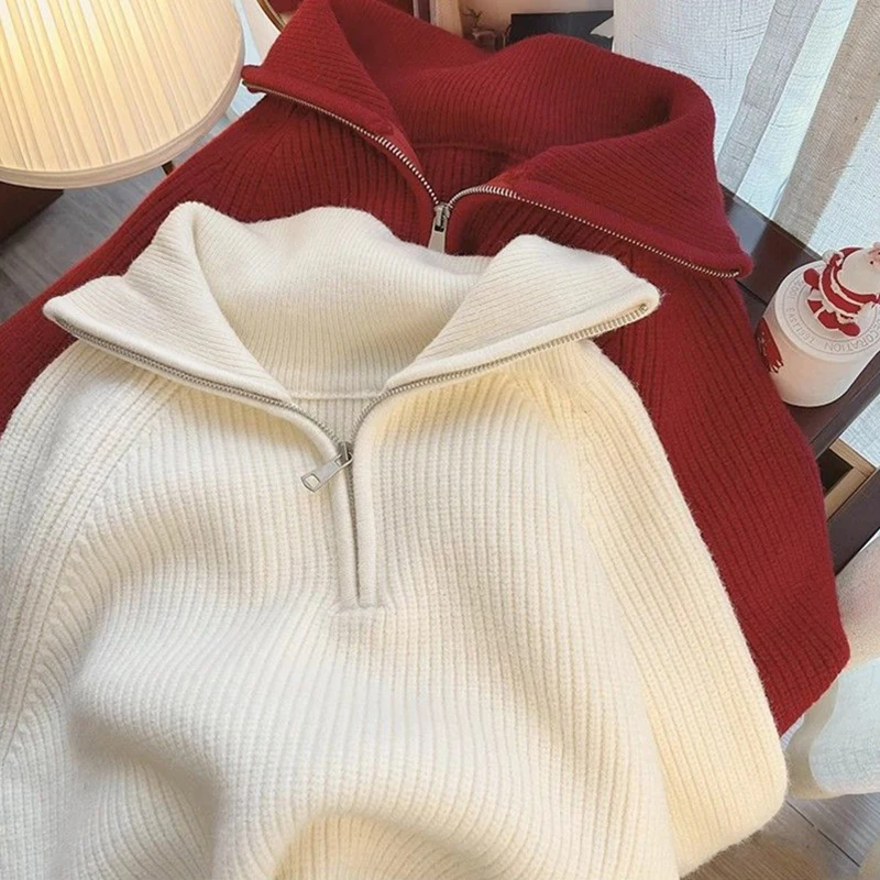 Cropped Sweater Women Fashion Half Zipper Red Knitted Pullovers Korean Black Long Sleeve Knitwear Winter Casual Chic Jumpers New