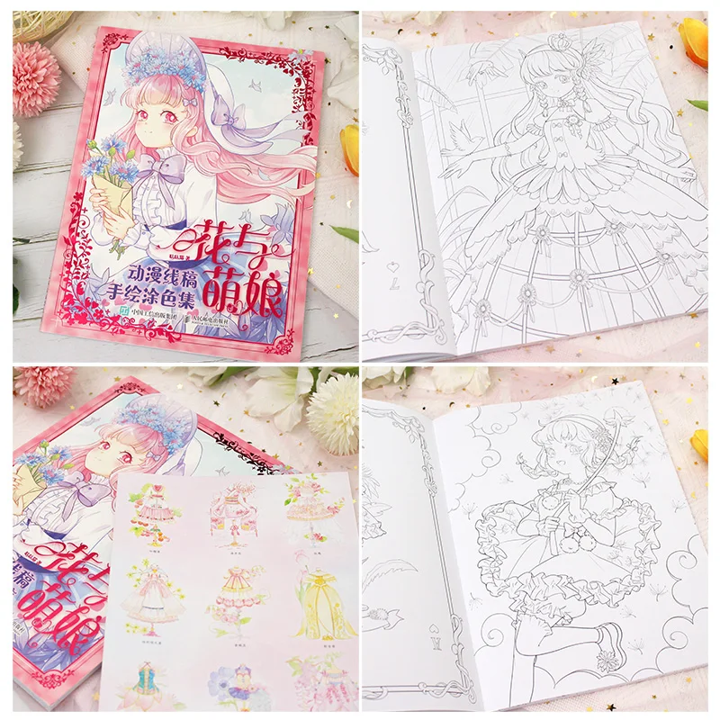 Flowers & Moe Girls: Anime Line Art Coloring Book