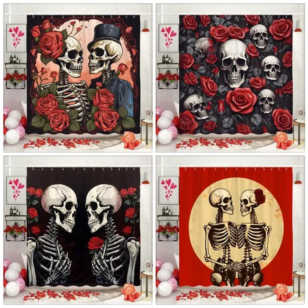 Valentine's Day Shower Curtain Roses Love Skulls Eternal Love Theme Spanish Art Fabric Shower Curtain Bathroom Decoration