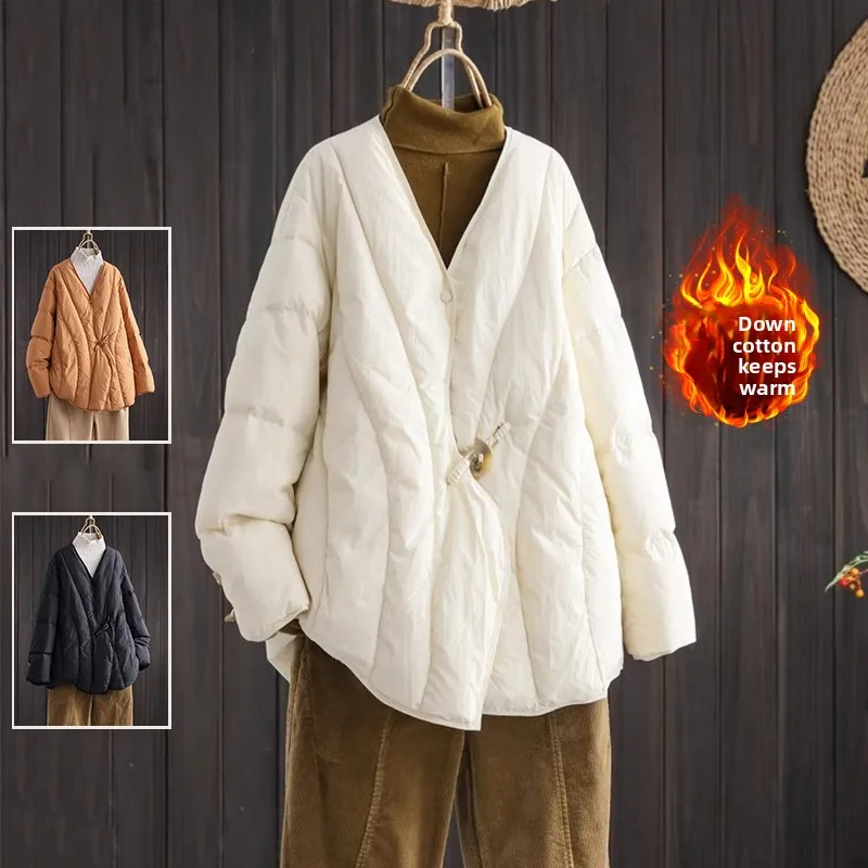 

Зимняя повседневная стеганая хлопковая куртка на пуху, женская свободная модная куртка с v-образным вырезом, новинка 2024, стеганое хлопковое пальто, чистый цвет