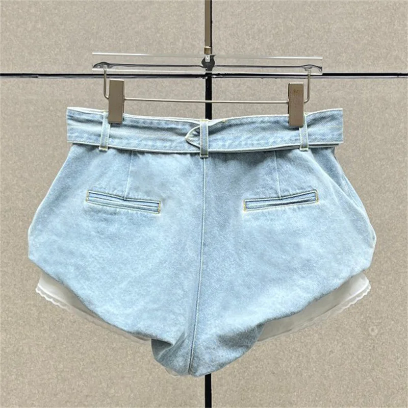 women's shorts New high waisted slim fit mini pants for summer 2026 Belt decoration cotton denim shorts lace patchwork shorts
