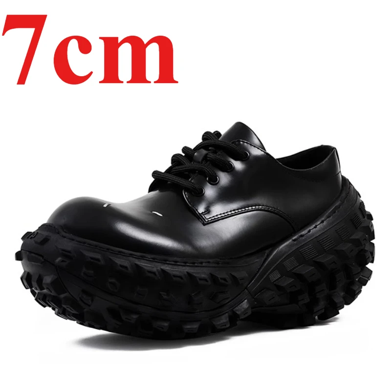 Europe/American Genuine Leather Street Designer Thick Bottom Black Tire Tank Shoes for Men's Comfortable Height Increasing Shoes