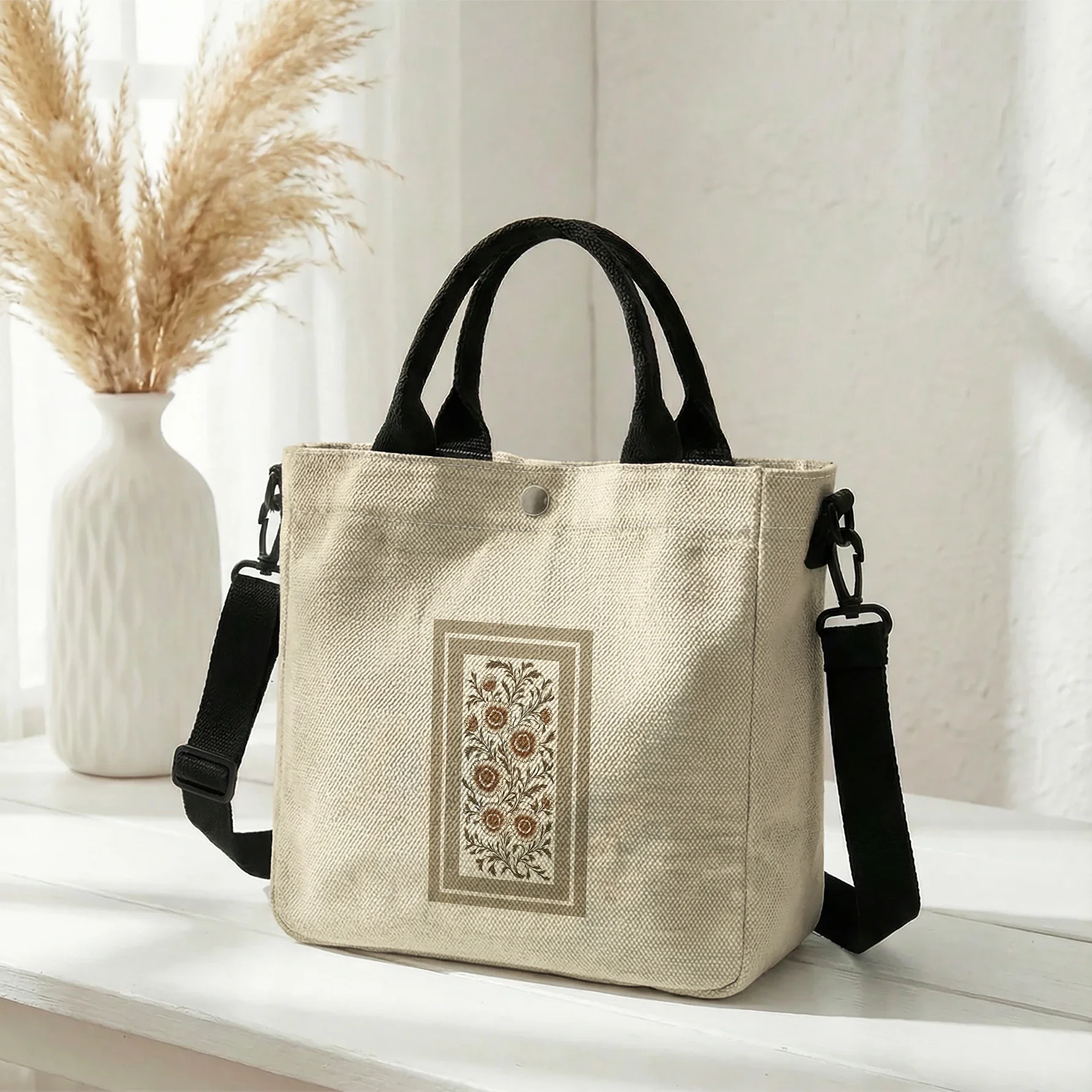 Vintage Frame Floral Print Tote Bag, Detachable Strap Crossbody Handbag For Daily Work Shopping