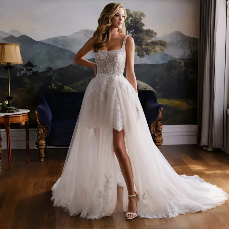 

Square Neck Lace Sequin Wedding Dress Detachable Tulle Overskirt Mini A-Line Two-In-One Bridal Gown Customizable