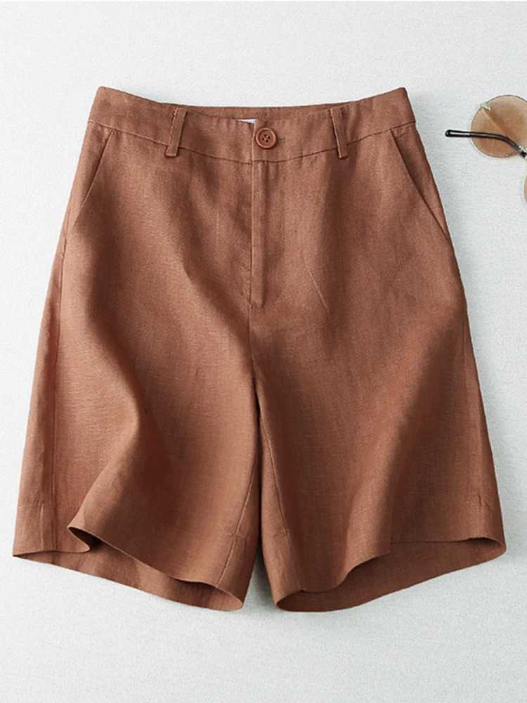 Shorts casuais de verão feminino, linho doce clássico, botão voar, calça reta curta, algodão, estudante, 2023