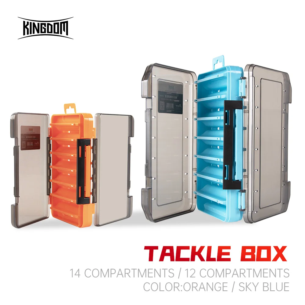 KINGDOM Fishing Tackle Box 12 14 compartments Bait Lure Hook Accessories Box Double-sided Portable Plastic Bait Storage Box