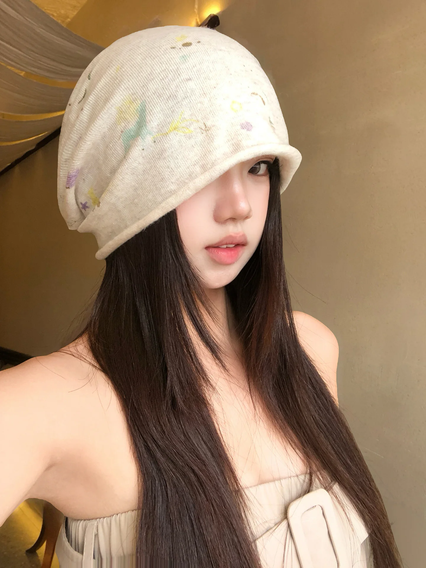 Loose Knitted Spring Summer Women's Hat Big Circumference No-Brim Casual Style Foldable round Top Design Sensation Cold Cap