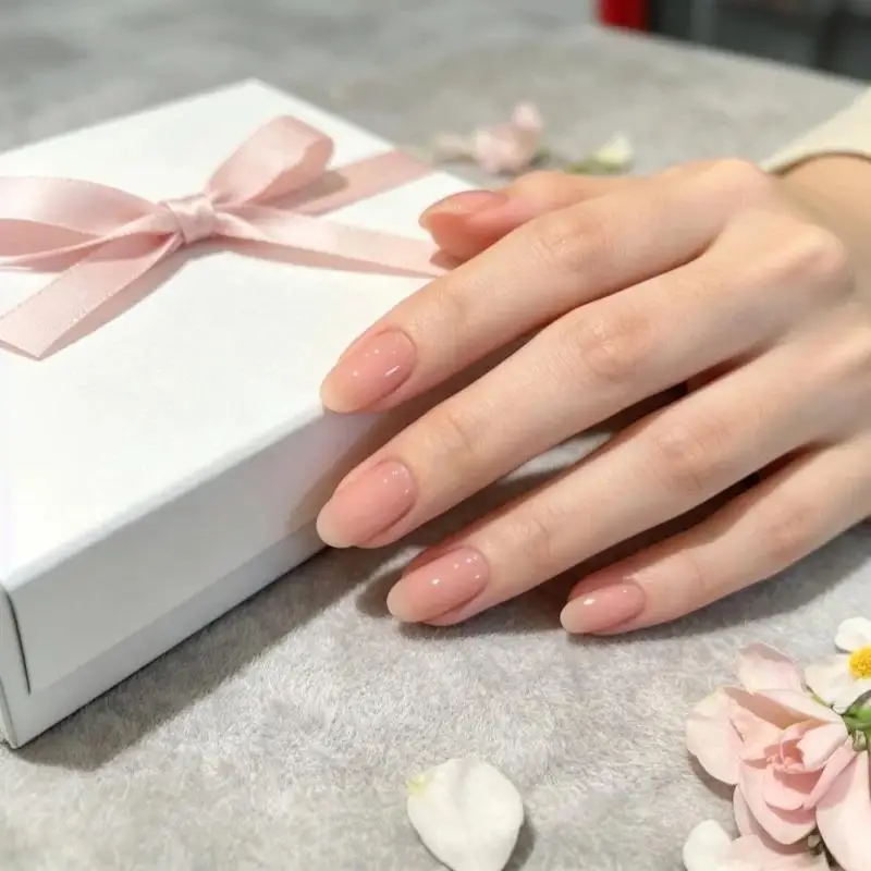 Press On Nails Nude Pink Gradient Translucent Medium Short Oval Reusable False Nails with Tools for Wedding Occasion