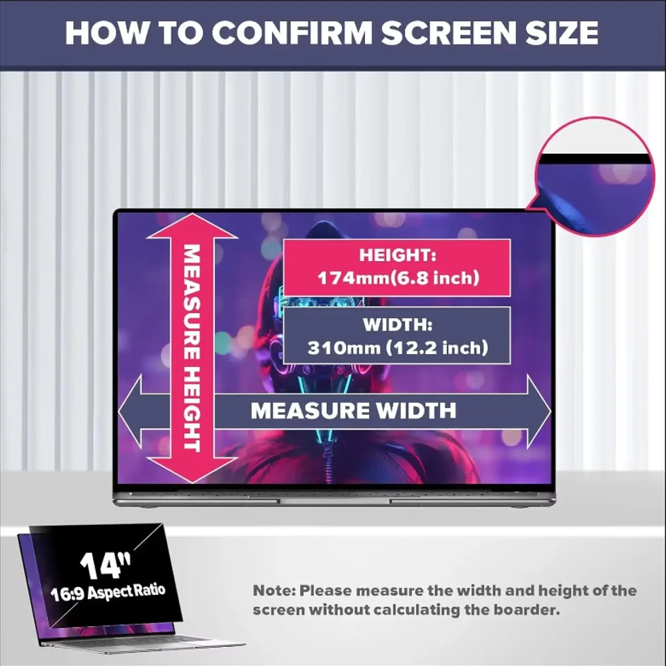 14 Inch 16:9 Laptop Privacy Screen Filter - Computer Monitor Privacy Shield and Anti-Glare Anti Blue Light Protector