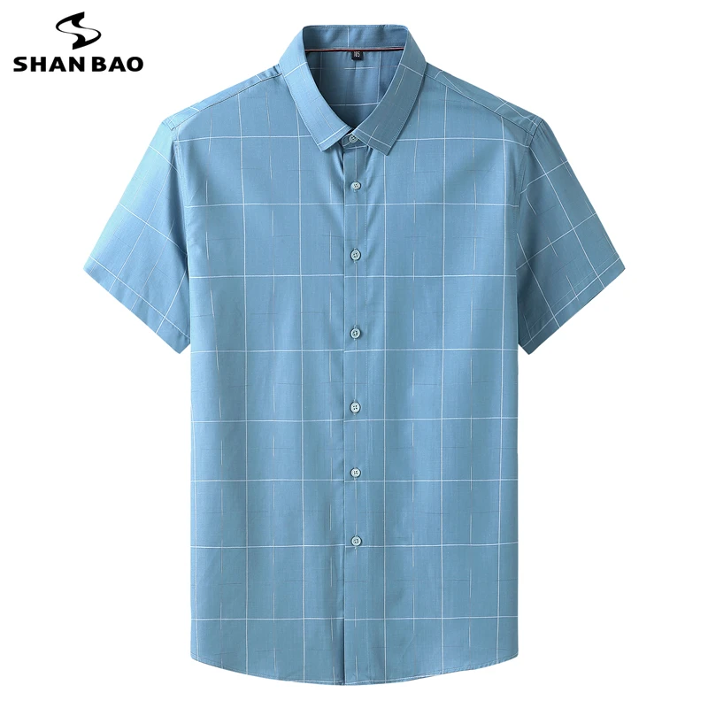 

SHAN BAO 2022 Spring Brand High Quality Bamboo Fiber Loose Plaid Short Sleeve Shirt Business Casual Office Men Plus Size Shirt