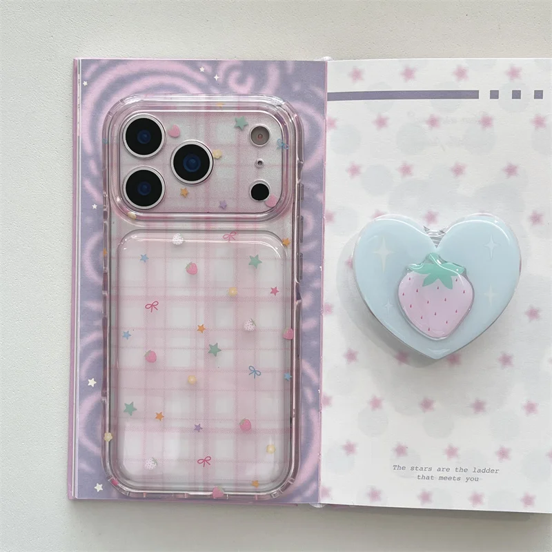Cute Pink Plaid Clear Phone Case For iPhone 15 16 17 Promax Shockproof Transparent Cover Star Strawberry Bow Love 3D Heart Grip