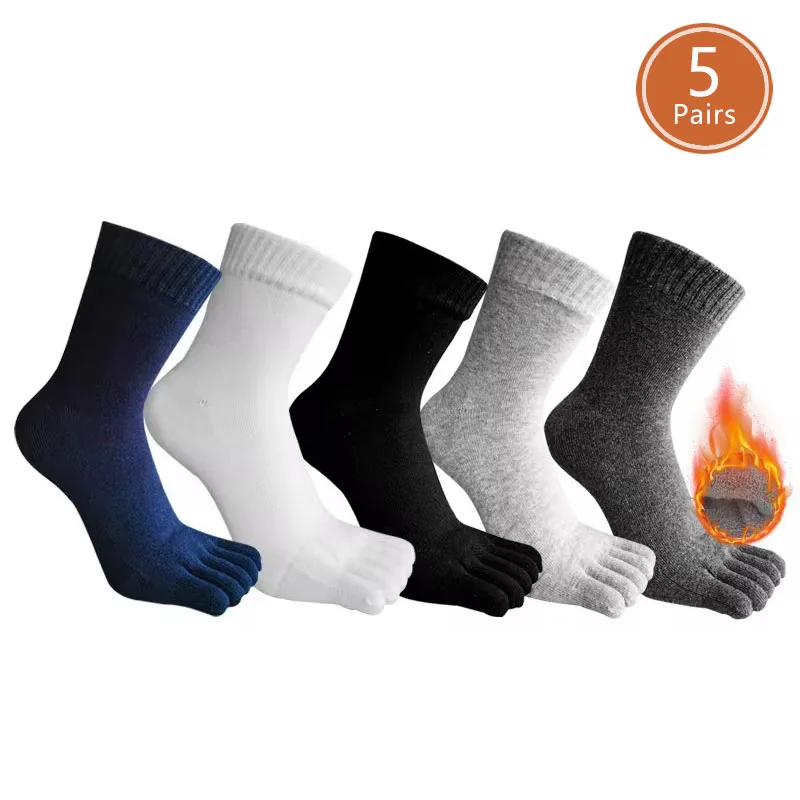 1/5 Pairs Winter Thick Five Finger Socks Man Cotton Solid Business Anti-Bacterial Breathable Warm Floor Sleeping Terry Toe Socks