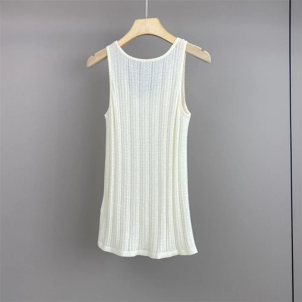 Summer Women\'s U-Neck Knit Vest Wool Silk Hollow Jacquard Sleeveless Tank Tops Female Casual Clothing L*P New