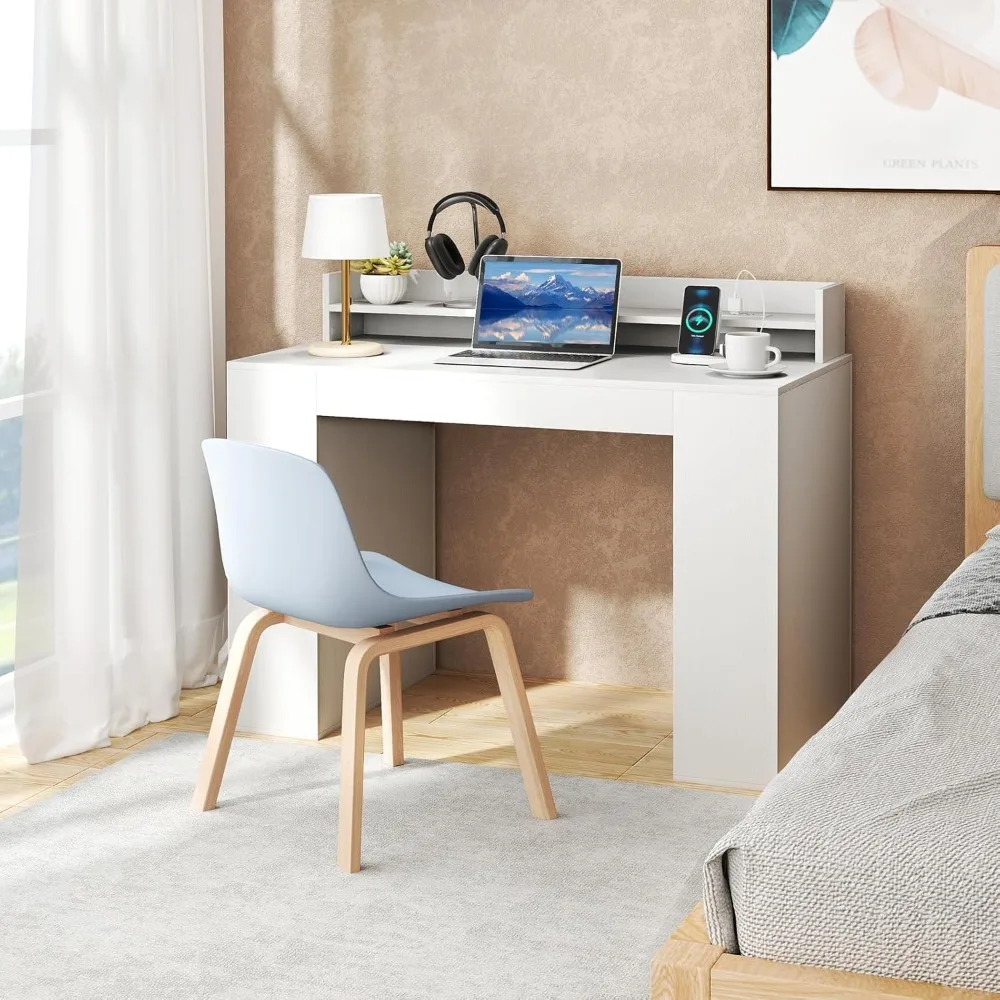 Computer Desk with Power Outlets, 43” Home Office Desk with Monitor Shelf & 2 Bookcases, Modern Writing Desk PC Workstation wit