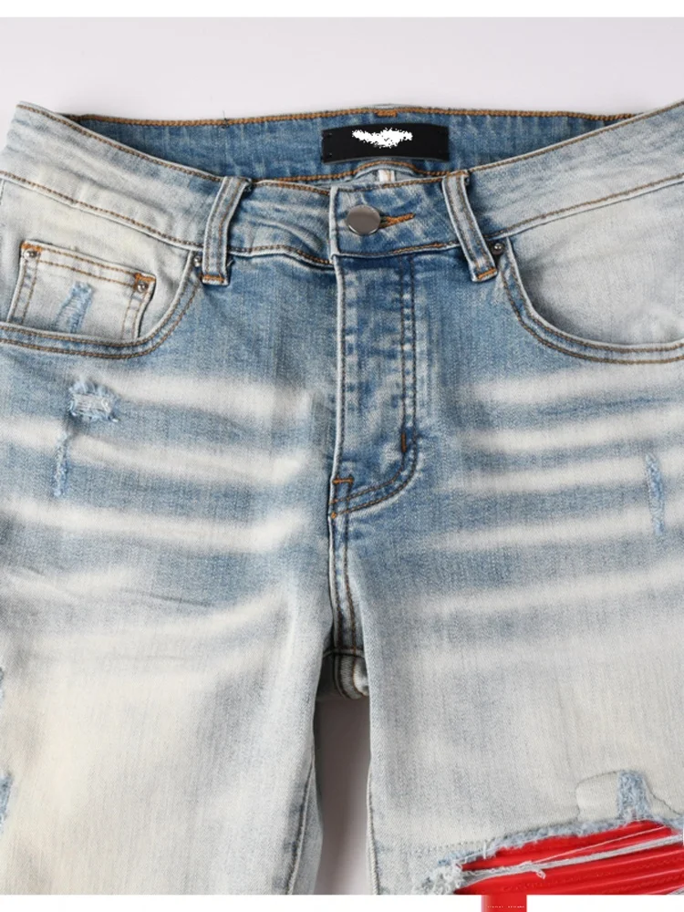 AMRジーンズMXメンズスリムフィットデニムパンツ、ハイストリートスタイル、ダメージ加工、ファション、都会的、若者向け、ロング丈、リップド加工、耐摩耗性