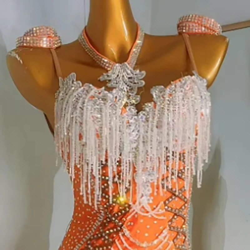 Latin Dance Costume Rhinestone Women's High-end Custom Waist Crystal Chain Split Skirt Samba Performance Dress