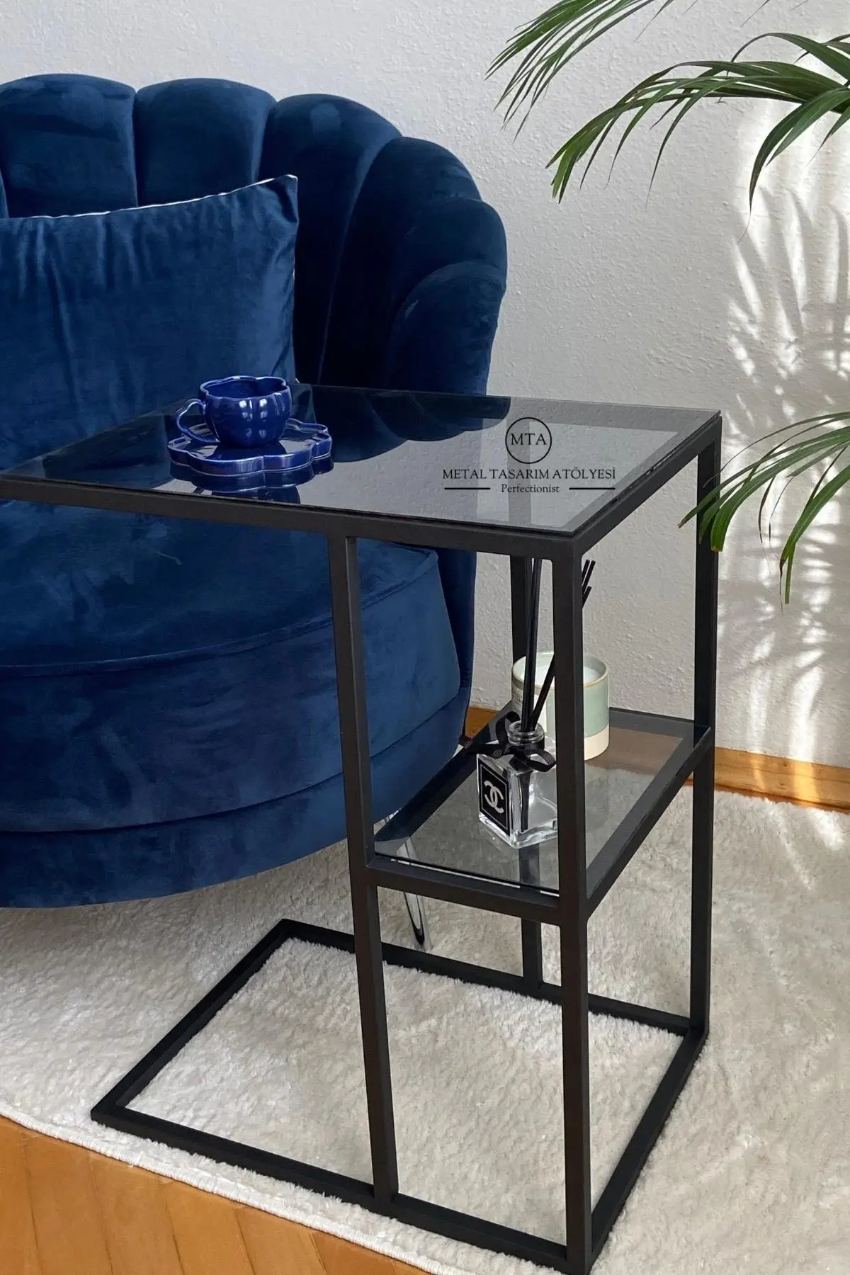 DOLBOVI Amelıa Decorative C Coffee Table-Side Coffee Table-Office Stand-Laptop Stand Black-Smoked Glass? Coffee Table