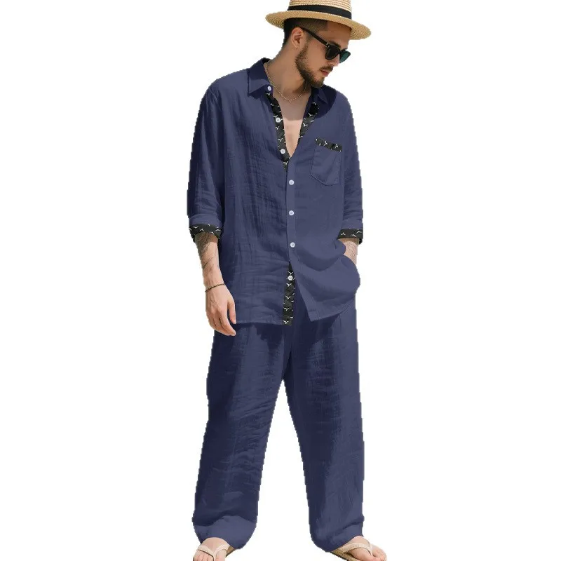 

Осенний американский льняной свободный мужской повседневный костюм-рубашка с длинными рукавами для отдыха, повседневный, свободный и универсальный