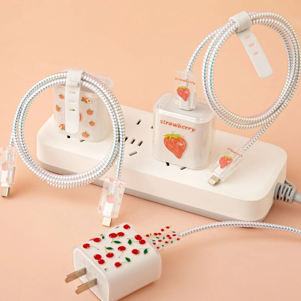 Strawberry Cherry Peach 5pcs Cable Protector for IPhone/ iPad 18W/20W Charger Case Cable Management Phone Wire Cord Organizer