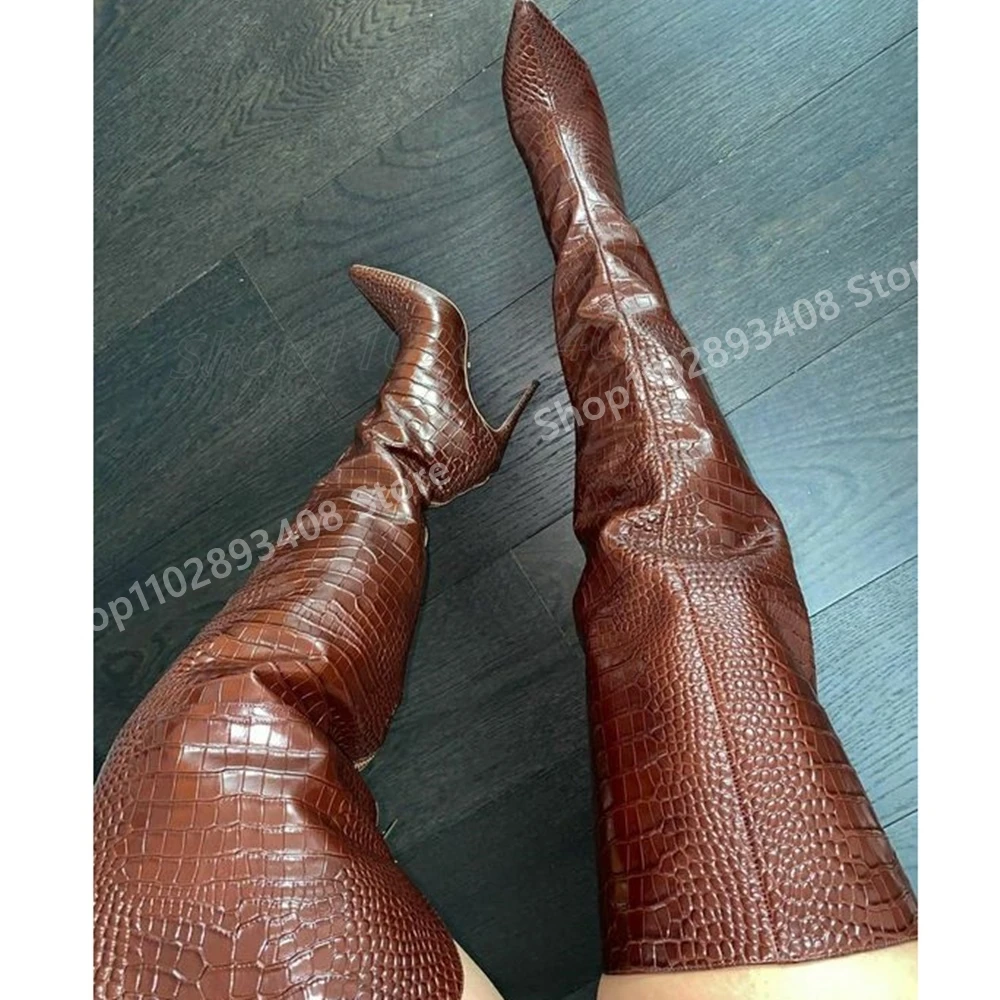 Коричневые сексуальные сапоги выше колена со змеиным принтом, вечерние туфли на высоком каблуке-шпильке с острым носком и молнией, 2024, новая женская обувь, Zapatos Para Mujere