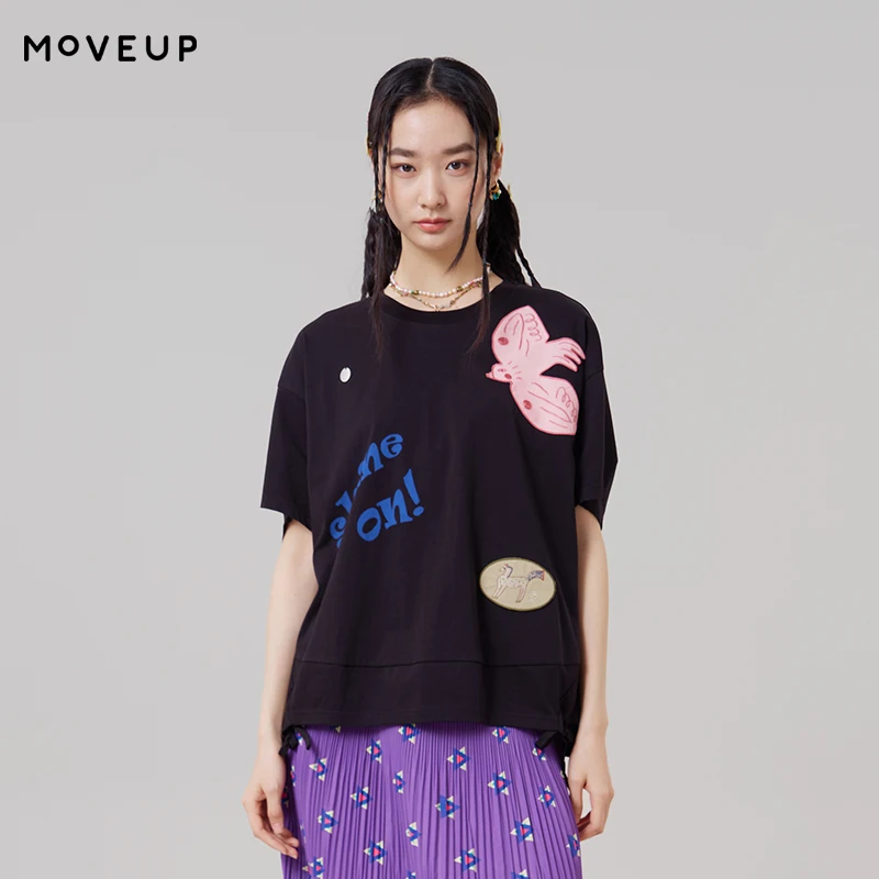 MOVEUP Short Sleeves Round Neck T-Shirt 2026 Summer New Contrast Color Bird Embroidery Drawstring Hem Casual Women Top 3ELX10502