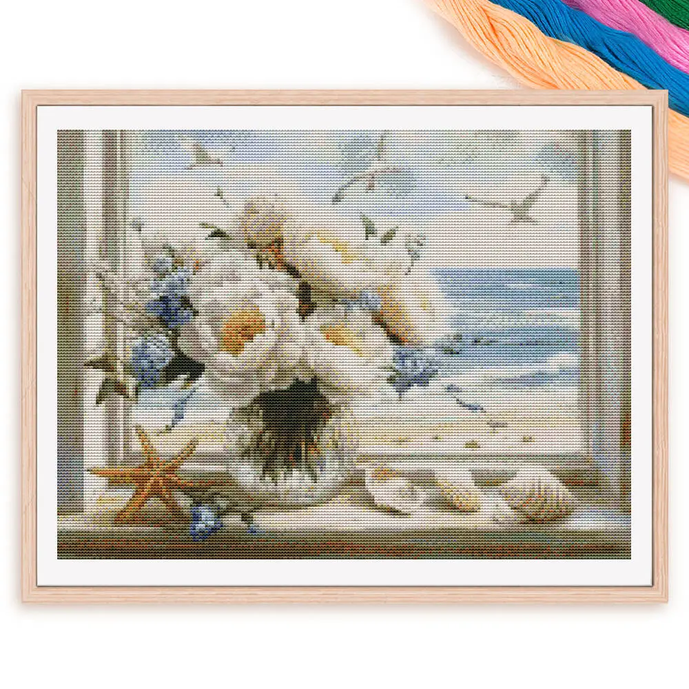 

Full Embroidery 11CT Cotton Cross Stitch Peony Flower Vase Window Seagull New Collection 2025 Wall Decor Handmade Gift