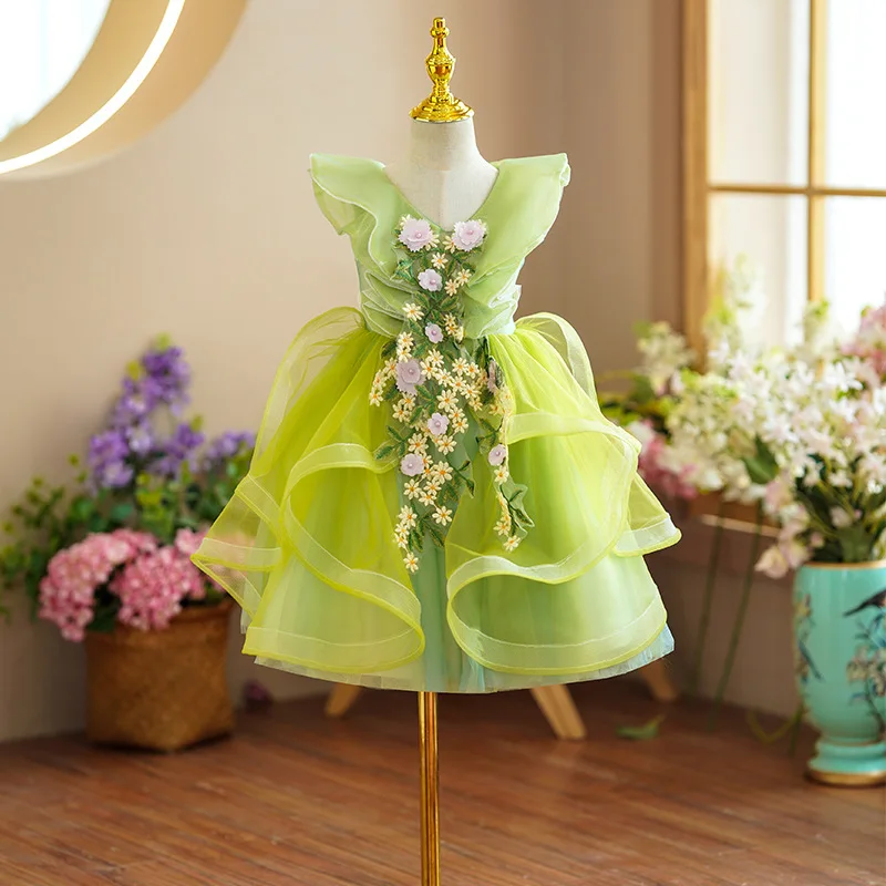 2024 luxury Girls V-neck green Flower Fairy Children Princess tutu Wedding Gown Kids Dresses baby infant Birthday Party Dress