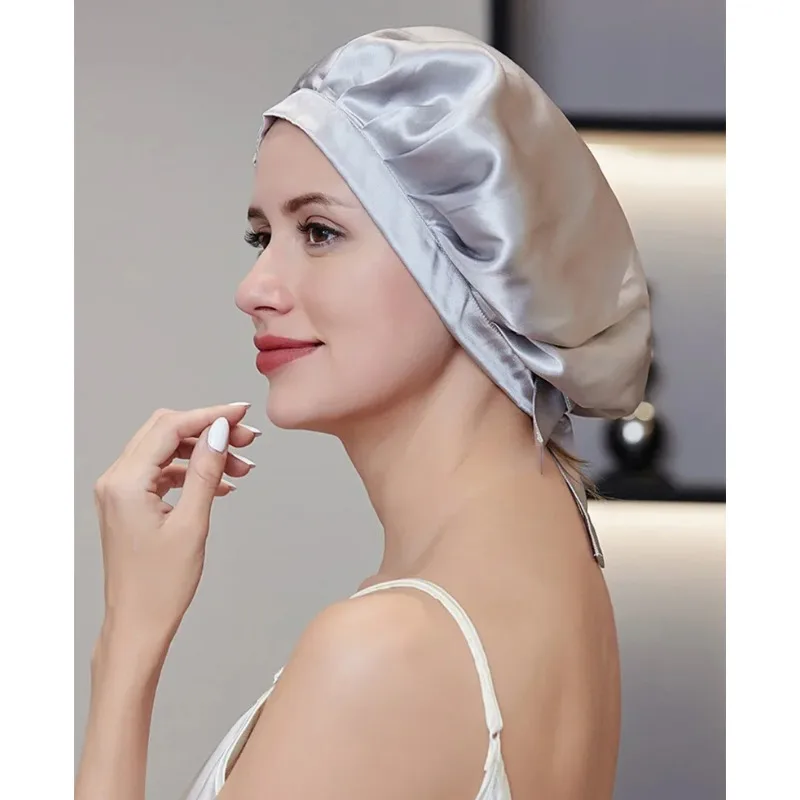 

Шапочка для сна 22 Momme из 100% тутового шелка — регулируемый атласный чепчик для ухода за вьющимися волосами/афро, предотвращения вьющихся волос и выпадения волос