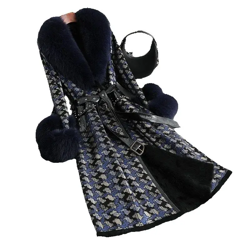 Rabbit fur one-piece coat for women, mid-length fox fur collar slim coat, genuine leather fur