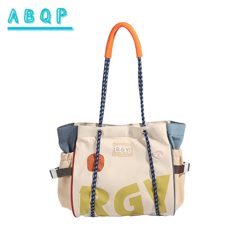 

Стильная женская большая сумка с буквенным принтом на шнурке, плечевой ремень, большая вместительная нейлоновая полиэстеровая подкладка для работы, покупок, путешествий