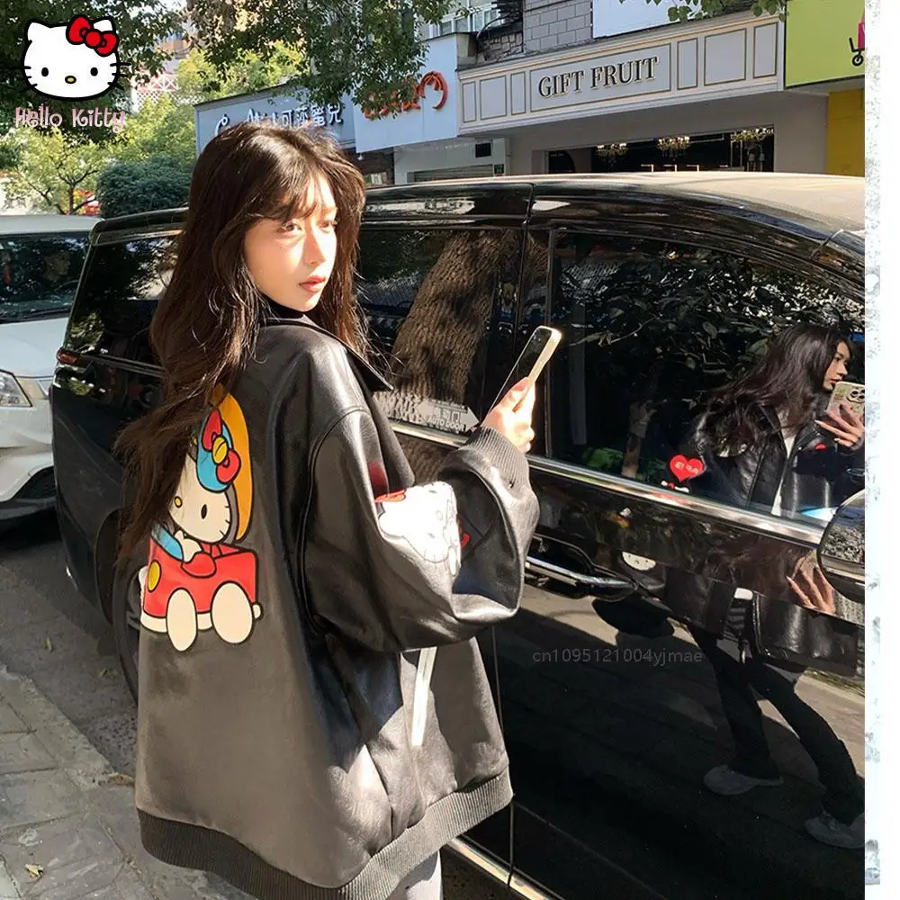 

Sanrio Hellokitty High Quality Pu Kpop Loose Fashion Varsity Jacket Cartoon Embroidery Color Blocked Black Leather Jacket Women