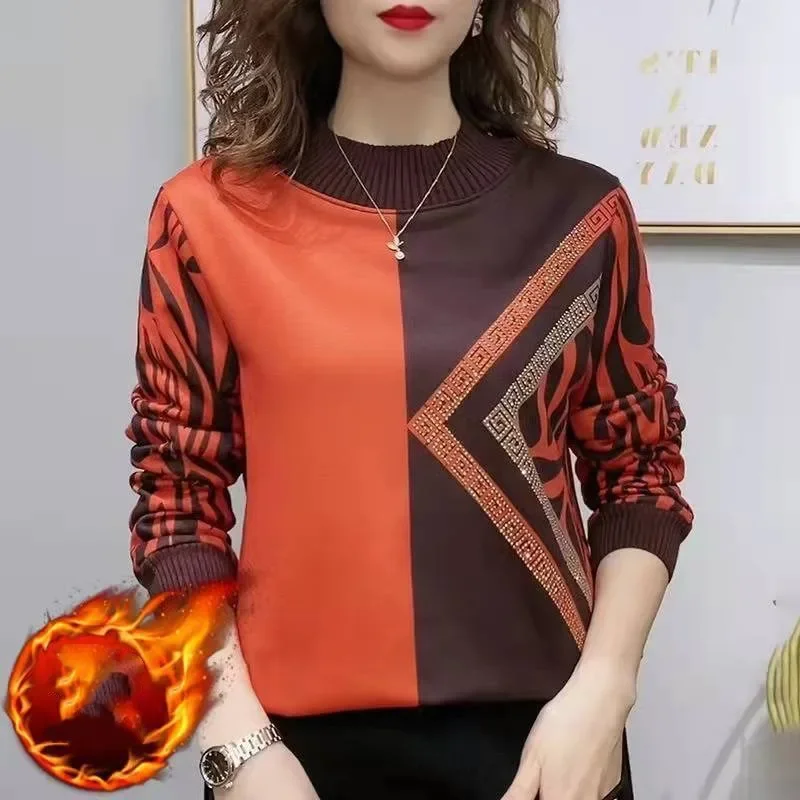 Women's Pullover Knitted Round Neck Patchwork Plaid DiamondsT Shirt 2023 Autumn and Winter Fashion Loose Long Sleeve Casual Tops